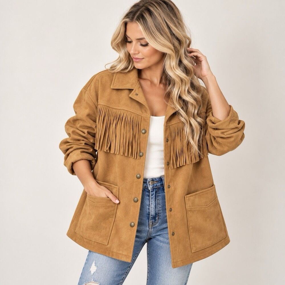 Anthropologie Pilcro Faux Suede Fringe Jacket Western Boho Camel 1X